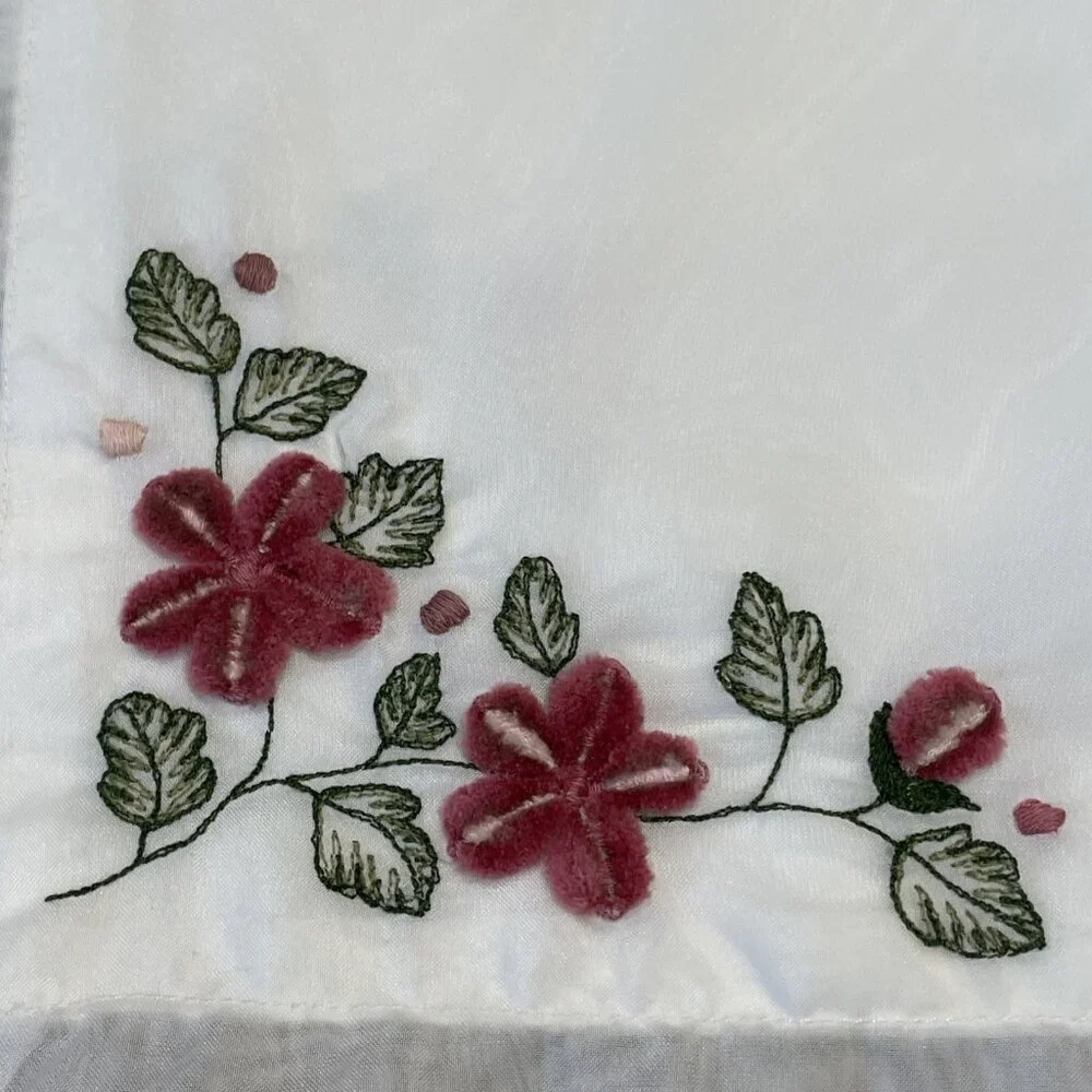 Vintage Embroidered Floral Placemats Sheer White w/ Pink Tufted Roses Set of 4
